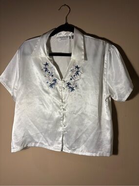 Cottagecore White Satin Embroidered Short Sleeve Shirt - Unknown Brand